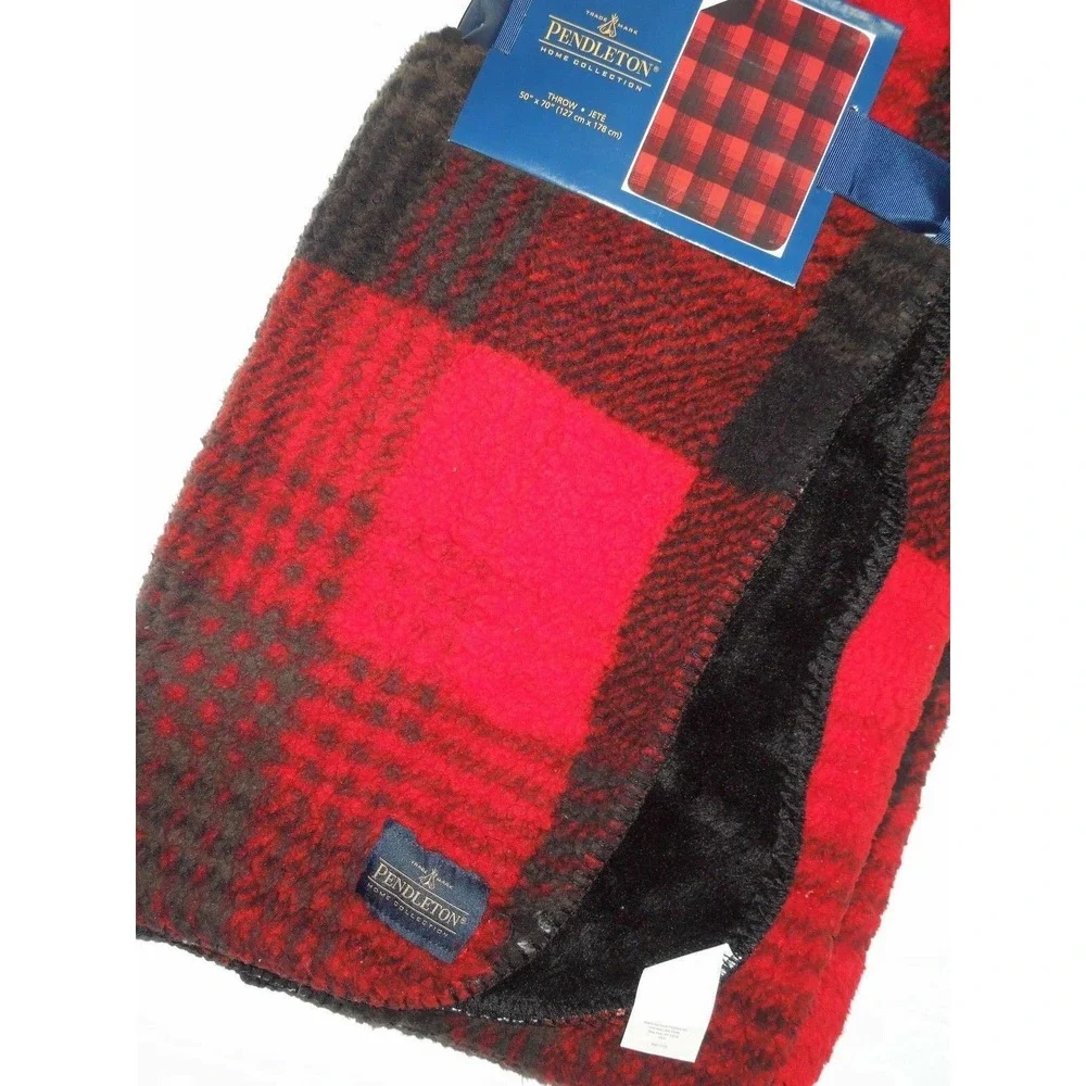 Pendleton Red Buffalo‎ Plaid Sherpa to Fleece reversible Blanket throw 50 x 70
